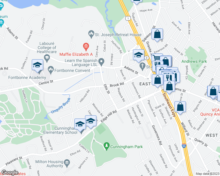 map of restaurants, bars, coffee shops, grocery stores, and more near 1169 Brook Road in Milton