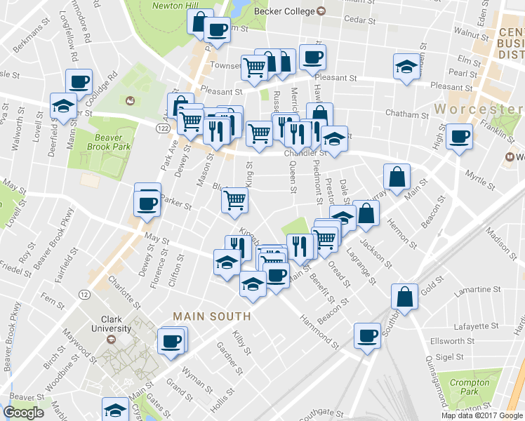 map of restaurants, bars, coffee shops, grocery stores, and more near 36 King Street in Worcester