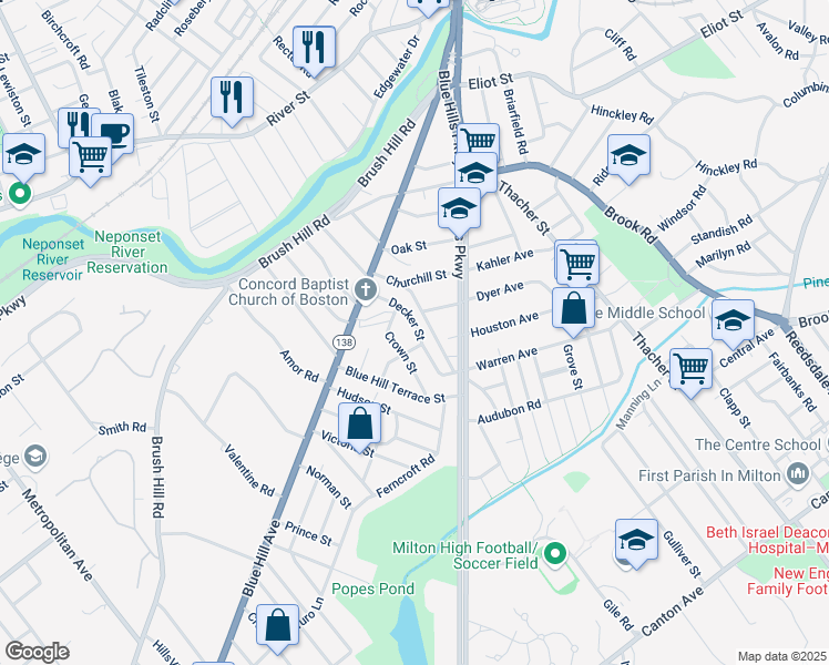 map of restaurants, bars, coffee shops, grocery stores, and more near 47 Decker Street in Milton