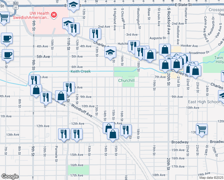 map of restaurants, bars, coffee shops, grocery stores, and more near 905 15th Street in Rockford