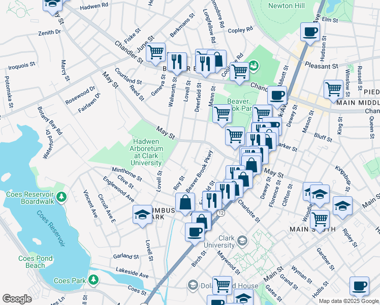 map of restaurants, bars, coffee shops, grocery stores, and more near 9 Mayfair Street in Worcester