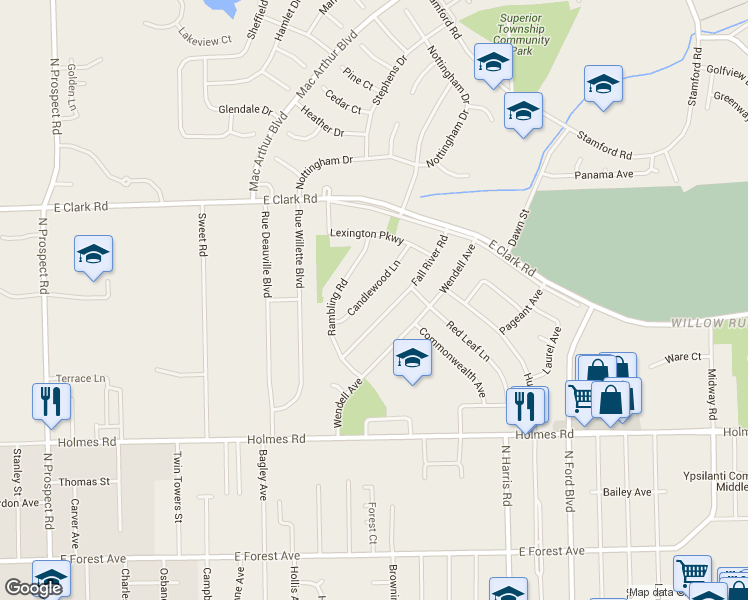 map of restaurants, bars, coffee shops, grocery stores, and more near 1300 Candlewood Lane in Ypsilanti
