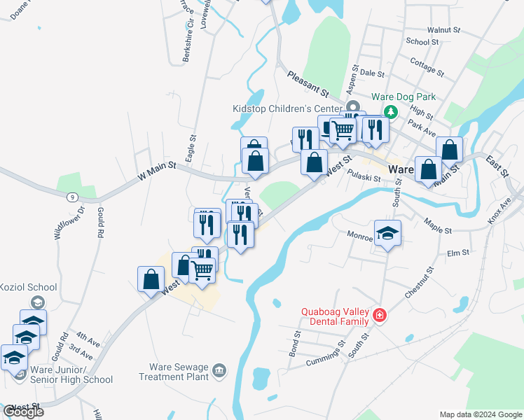 map of restaurants, bars, coffee shops, grocery stores, and more near 9 Vernon Street in Ware