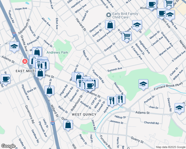 map of restaurants, bars, coffee shops, grocery stores, and more near 6 Hilda Street in Quincy