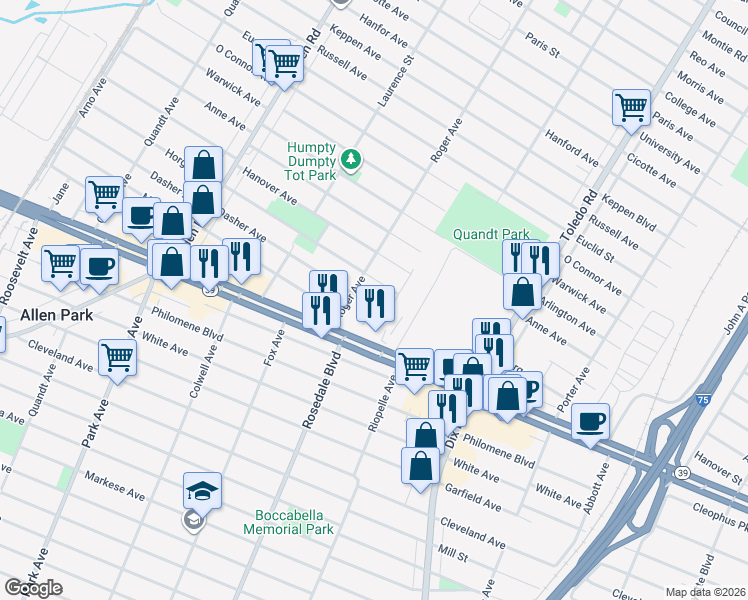 map of restaurants, bars, coffee shops, grocery stores, and more near 14710 Dasher Avenue in Allen Park