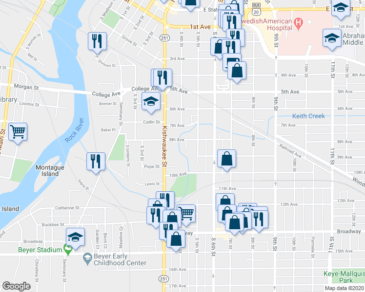 map of restaurants, bars, coffee shops, grocery stores, and more near 911 8th Avenue Court in Rockford