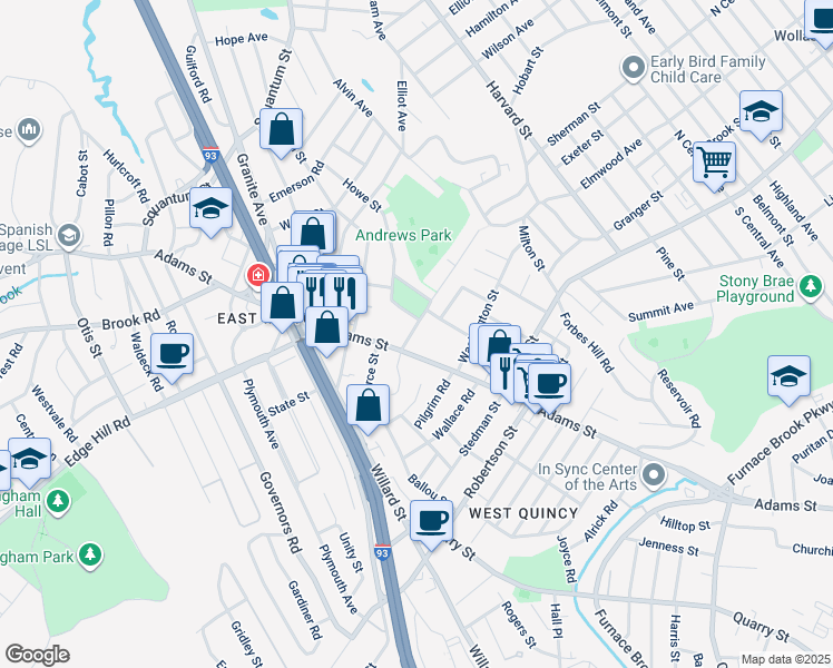 map of restaurants, bars, coffee shops, grocery stores, and more near 19 Granite Place in Milton