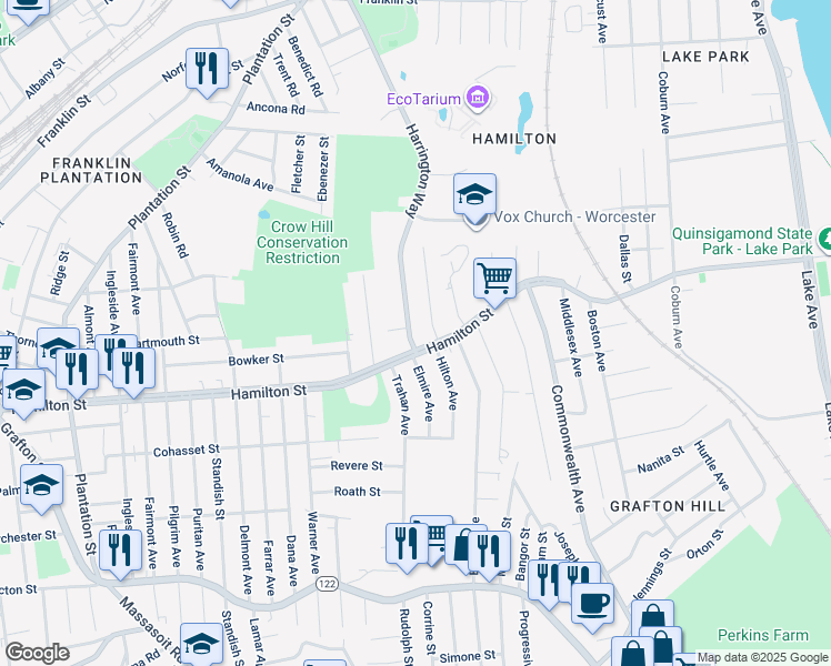 map of restaurants, bars, coffee shops, grocery stores, and more near 6 Harrington Way in Worcester