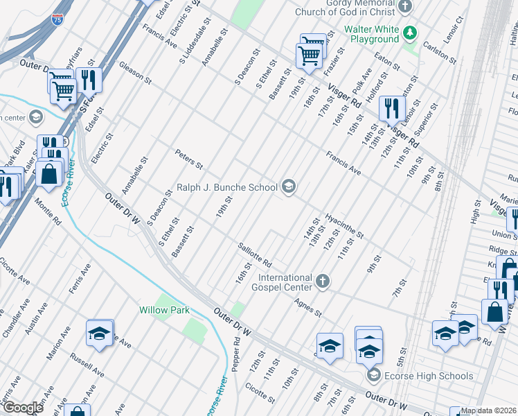 map of restaurants, bars, coffee shops, grocery stores, and more near 3976 17th St in Ecorse