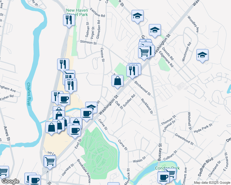 map of restaurants, bars, coffee shops, grocery stores, and more near 5337 Washington Street in Boston