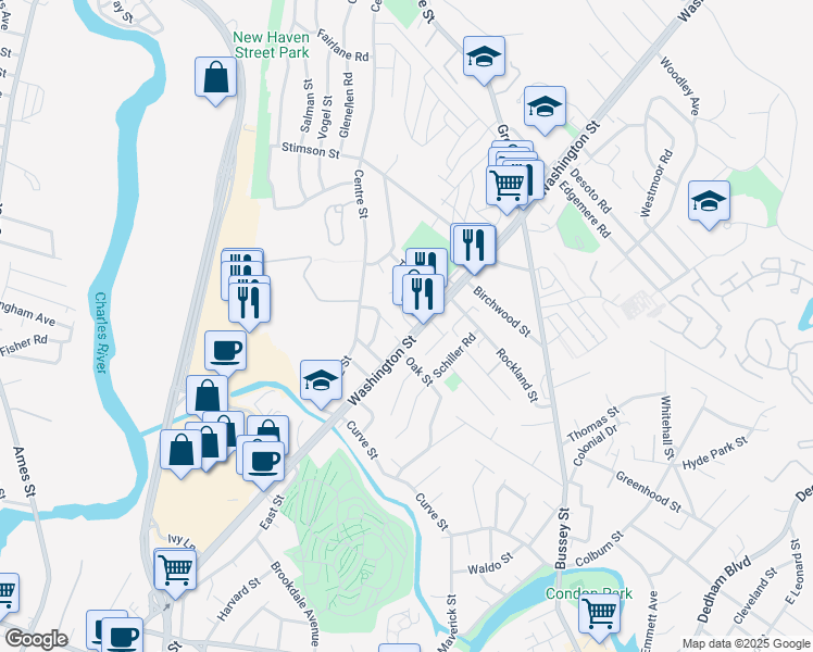 map of restaurants, bars, coffee shops, grocery stores, and more near 5339 Washington Street in Boston