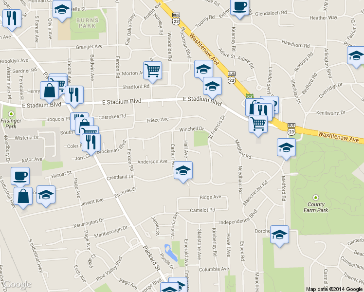 map of restaurants, bars, coffee shops, grocery stores, and more near 2014 Hall Avenue in Ann Arbor