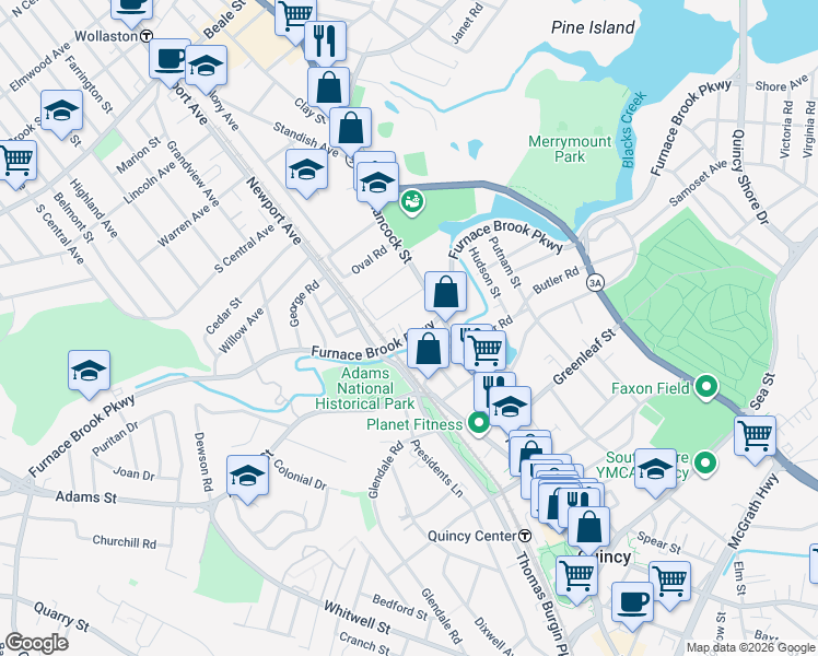 map of restaurants, bars, coffee shops, grocery stores, and more near 419 Furnace Brook Parkway in Quincy