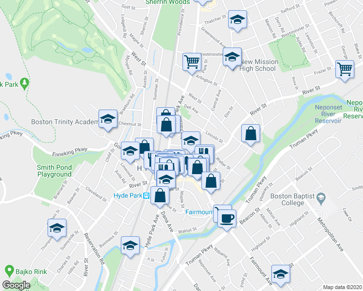 map of restaurants, bars, coffee shops, grocery stores, and more near Harvard Avenue in Boston