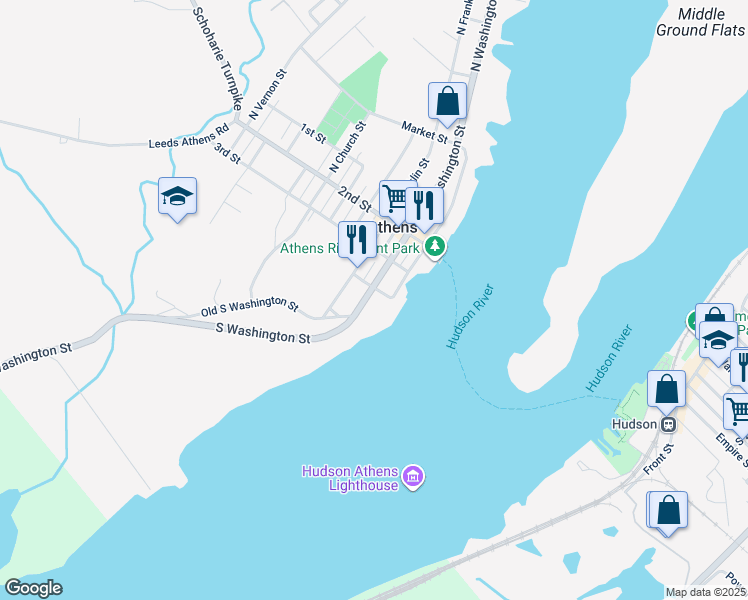 map of restaurants, bars, coffee shops, grocery stores, and more near 29 South Washington Street in Athens
