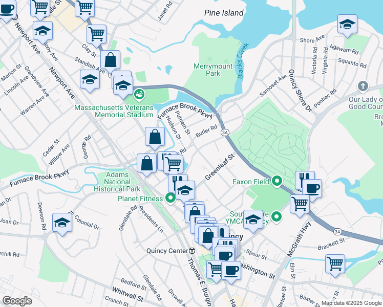 map of restaurants, bars, coffee shops, grocery stores, and more near 64 Merrymount Road in Quincy