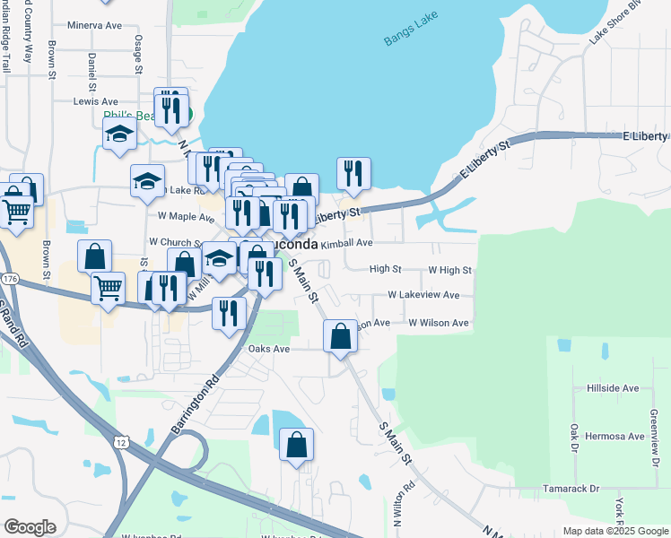 map of restaurants, bars, coffee shops, grocery stores, and more near 205 Lotus Street in Wauconda
