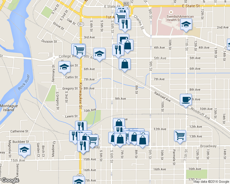 map of restaurants, bars, coffee shops, grocery stores, and more near 910 South 6th Street in Rockford