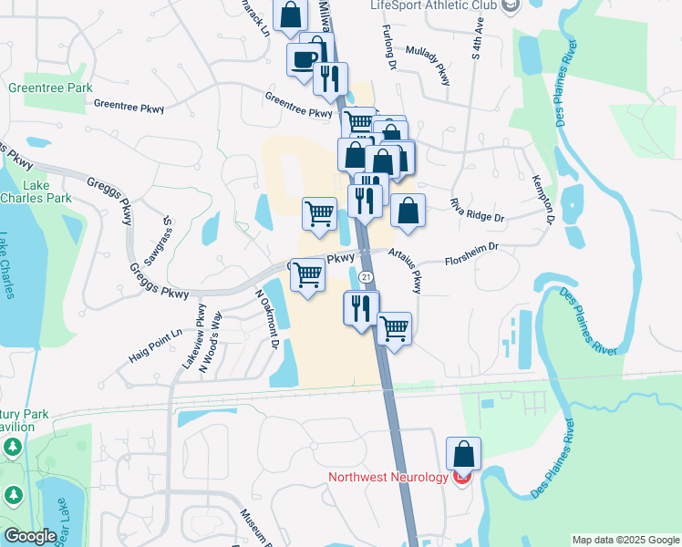 map of restaurants, bars, coffee shops, grocery stores, and more near 1750 North Milwaukee Avenue in Vernon Hills