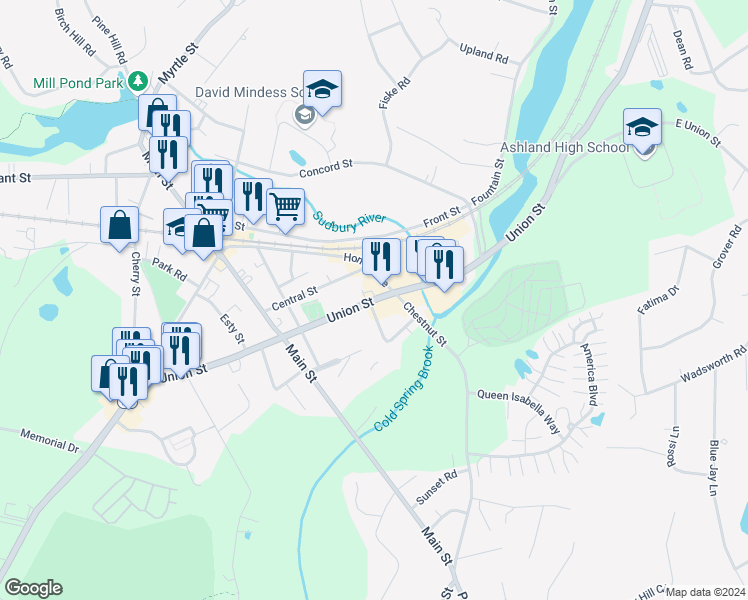 map of restaurants, bars, coffee shops, grocery stores, and more near 146 Union Street in Ashland