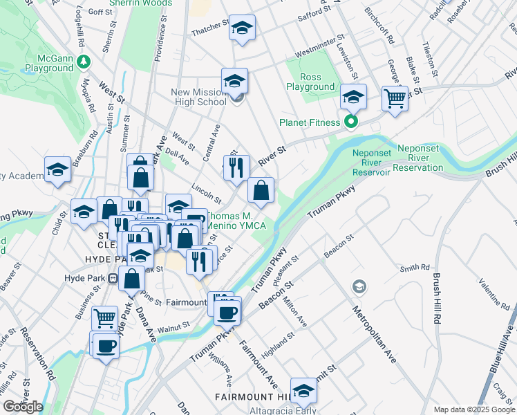 map of restaurants, bars, coffee shops, grocery stores, and more near 100 Pierce Street in Boston