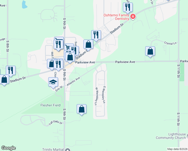 map of restaurants, bars, coffee shops, grocery stores, and more near 3406 West Wembley Lane in Kalamazoo