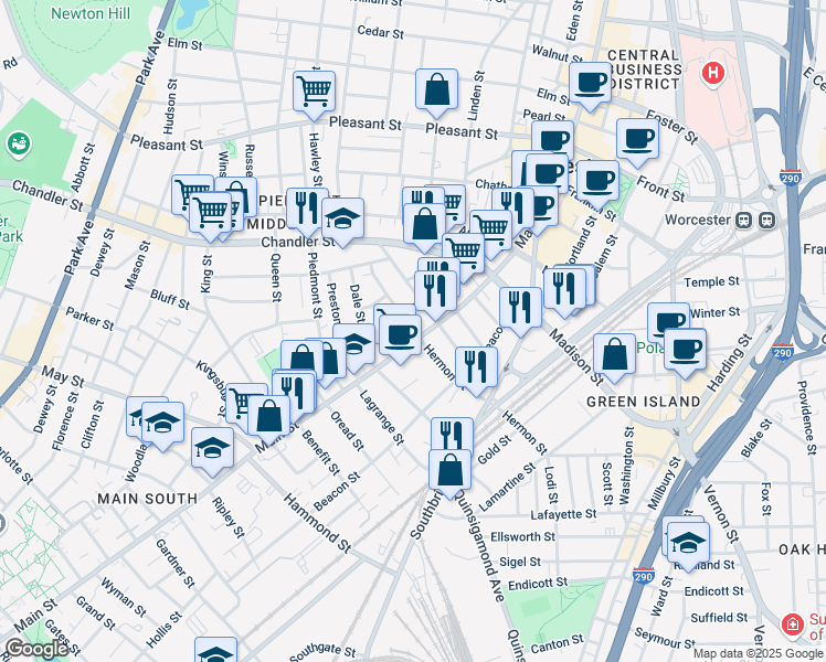 map of restaurants, bars, coffee shops, grocery stores, and more near 720 Main Street in Worcester