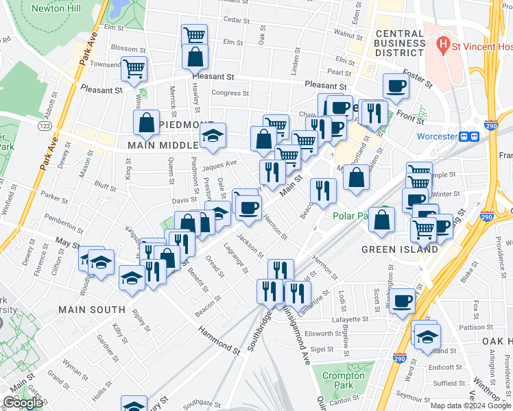 map of restaurants, bars, coffee shops, grocery stores, and more near 720 Main Street in Worcester