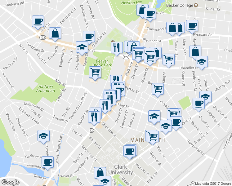 map of restaurants, bars, coffee shops, grocery stores, and more near 390 Park Avenue in Worcester