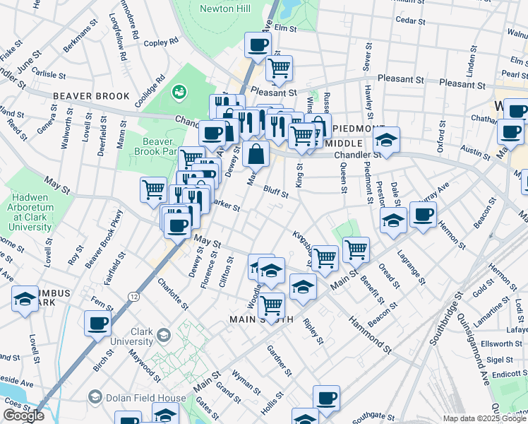 map of restaurants, bars, coffee shops, grocery stores, and more near 46 Kingsbury Street in Worcester