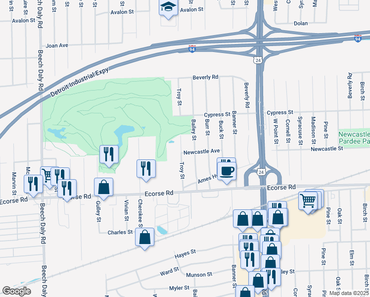 map of restaurants, bars, coffee shops, grocery stores, and more near 6763 Troy Street in Taylor