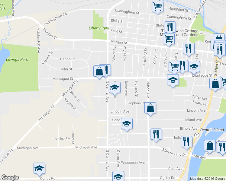 map of restaurants, bars, coffee shops, grocery stores, and more near 1335 Clover Avenue in Rockford