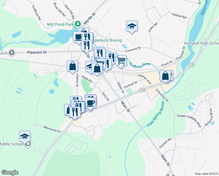 map of restaurants, bars, coffee shops, grocery stores, and more near 275 Main Street in Ashland