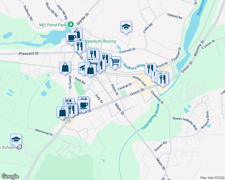 map of restaurants, bars, coffee shops, grocery stores, and more near 87 Alden Street in Ashland