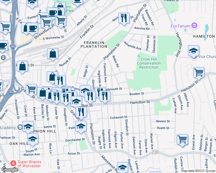map of restaurants, bars, coffee shops, grocery stores, and more near 73 Fairmont Avenue in Worcester
