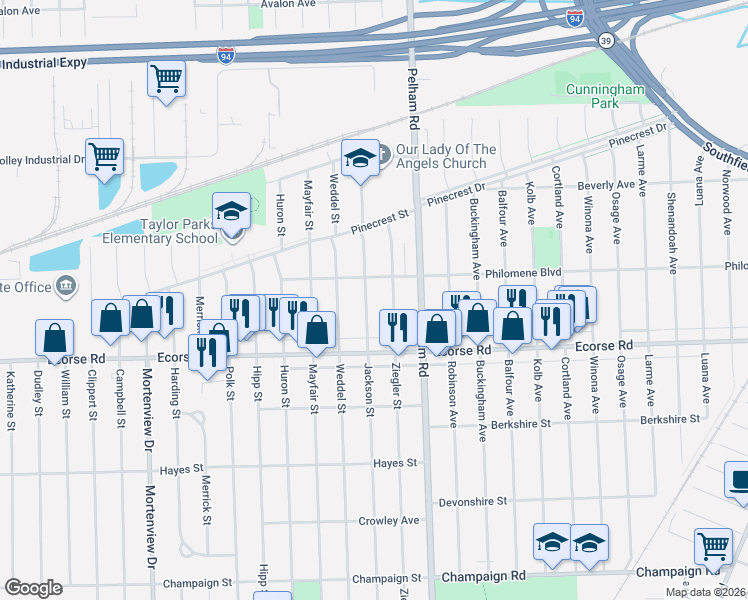 map of restaurants, bars, coffee shops, grocery stores, and more near 6775 Jackson Street in Taylor