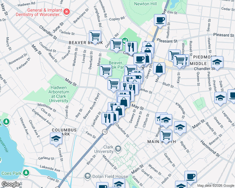 map of restaurants, bars, coffee shops, grocery stores, and more near 123 Mayfield Street in Worcester