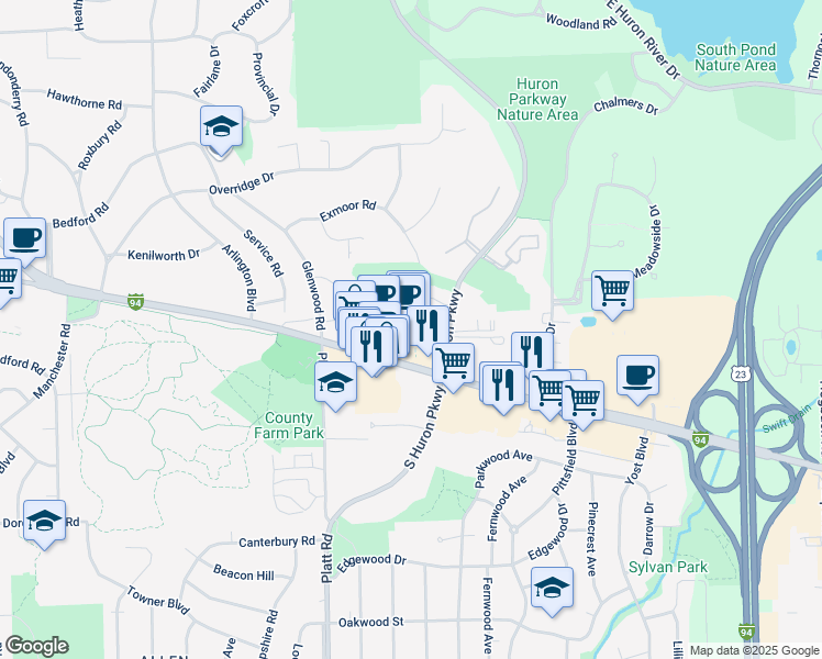map of restaurants, bars, coffee shops, grocery stores, and more near 3225 Washtenaw Avenue in Ann Arbor