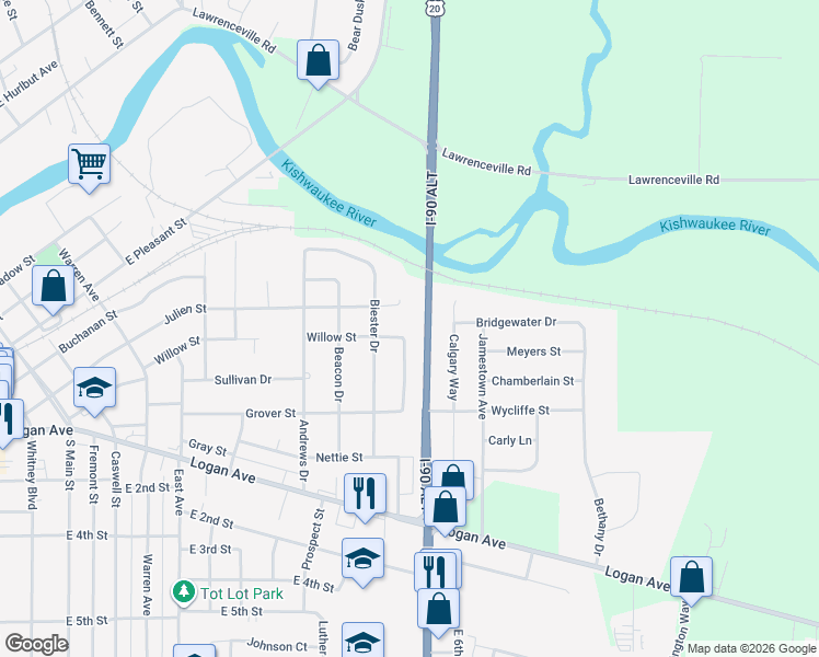 map of restaurants, bars, coffee shops, grocery stores, and more near 1316 Willow Street in Belvidere