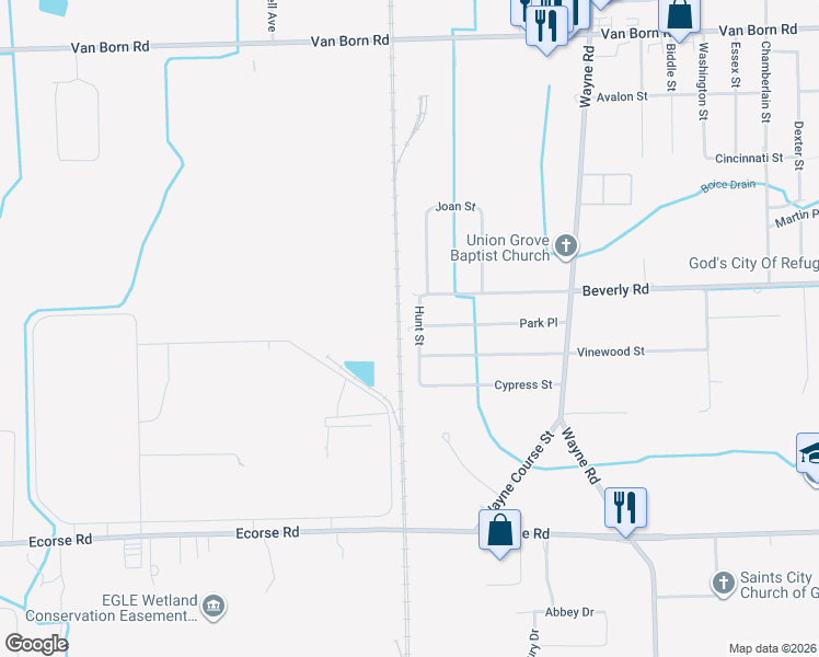 map of restaurants, bars, coffee shops, grocery stores, and more near 36283 Park Place in Romulus