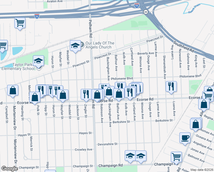 map of restaurants, bars, coffee shops, grocery stores, and more near 6760 Buckingham Avenue in Allen Park