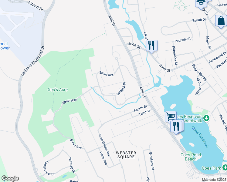 map of restaurants, bars, coffee shops, grocery stores, and more near 68 Outlook Drive in Worcester