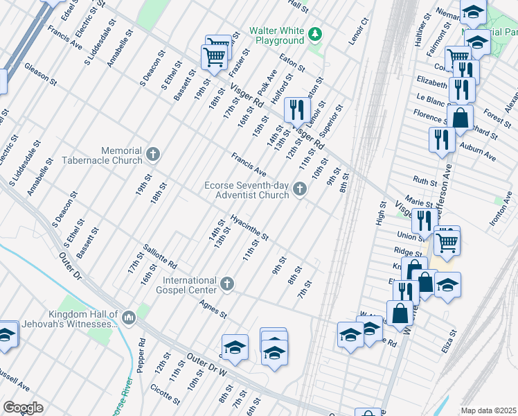 map of restaurants, bars, coffee shops, grocery stores, and more near 3845 12th Street in Ecorse