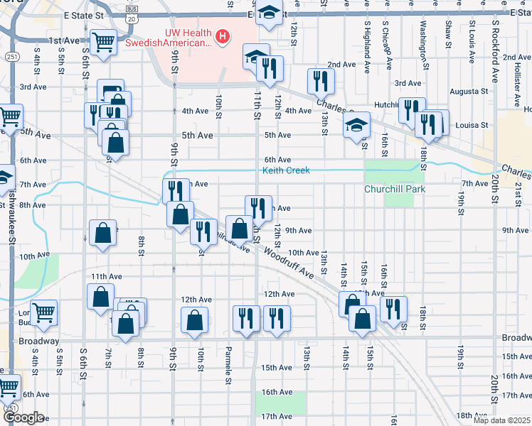 map of restaurants, bars, coffee shops, grocery stores, and more near 1511 8th Avenue in Rockford