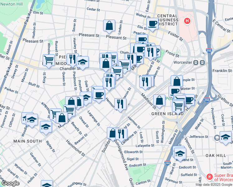map of restaurants, bars, coffee shops, grocery stores, and more near 7 Sycamore Street in Worcester