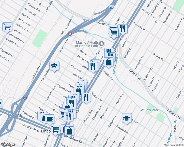 map of restaurants, bars, coffee shops, grocery stores, and more near 1314 Paris Avenue in Lincoln Park