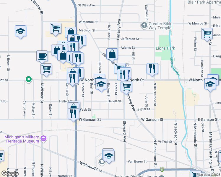 map of restaurants, bars, coffee shops, grocery stores, and more near 827 Backus Street in Jackson