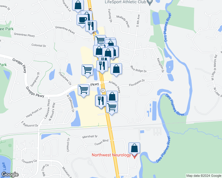 map of restaurants, bars, coffee shops, grocery stores, and more near 1500 South Milwaukee Avenue in Libertyville