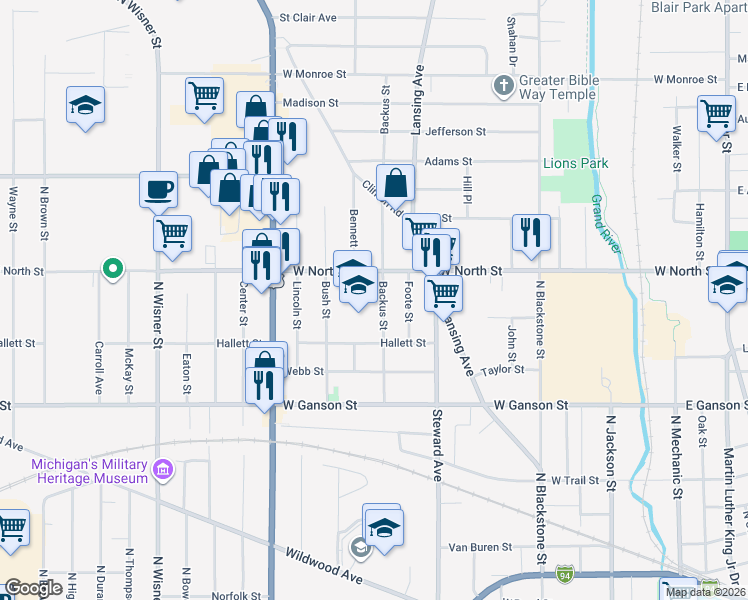 map of restaurants, bars, coffee shops, grocery stores, and more near 827 Backus Street in Jackson