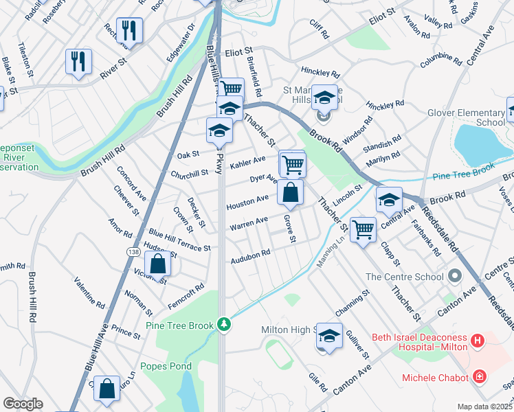 map of restaurants, bars, coffee shops, grocery stores, and more near 41 Houston Avenue in Milton